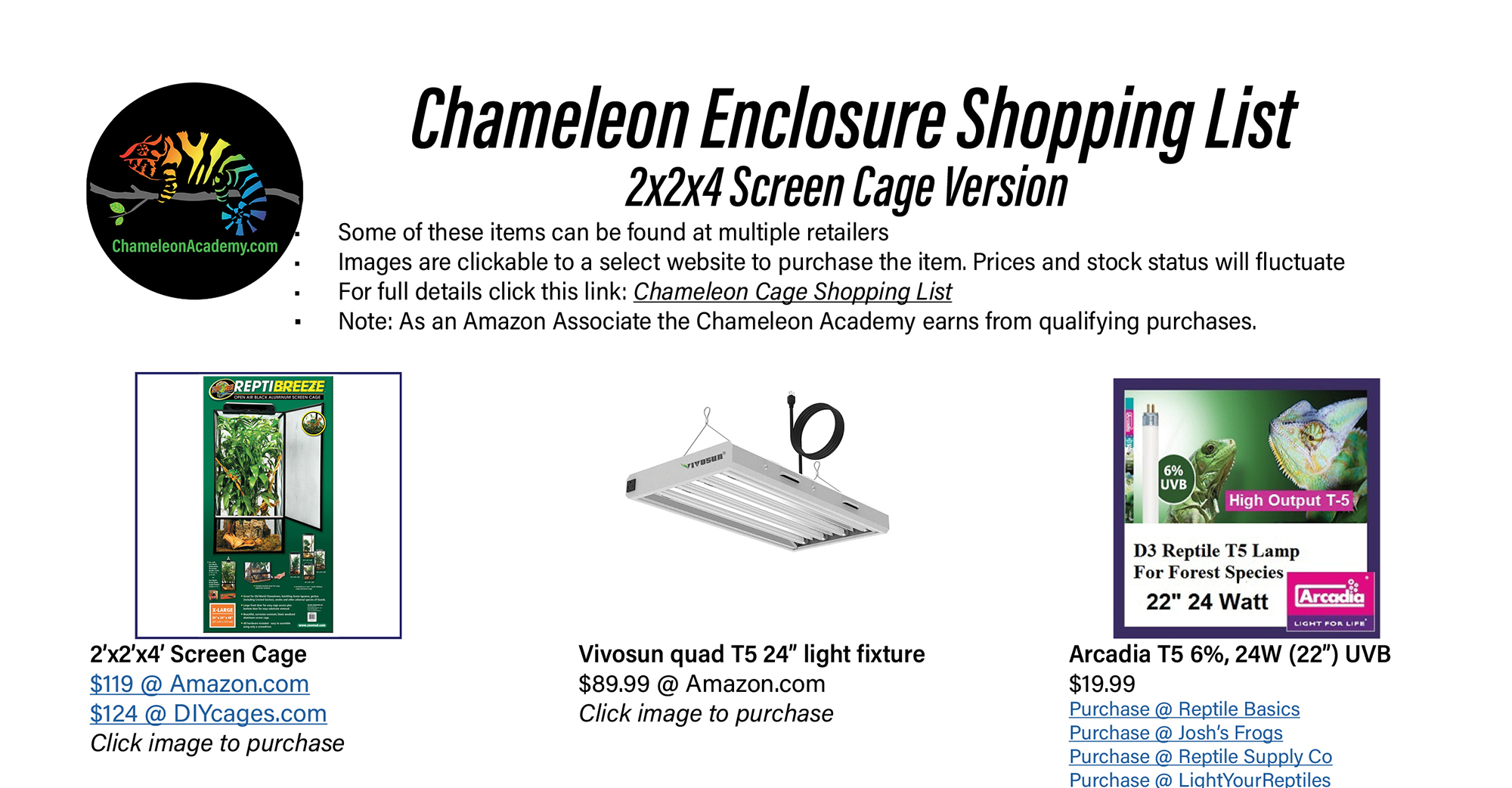 chameleon cage shopping list